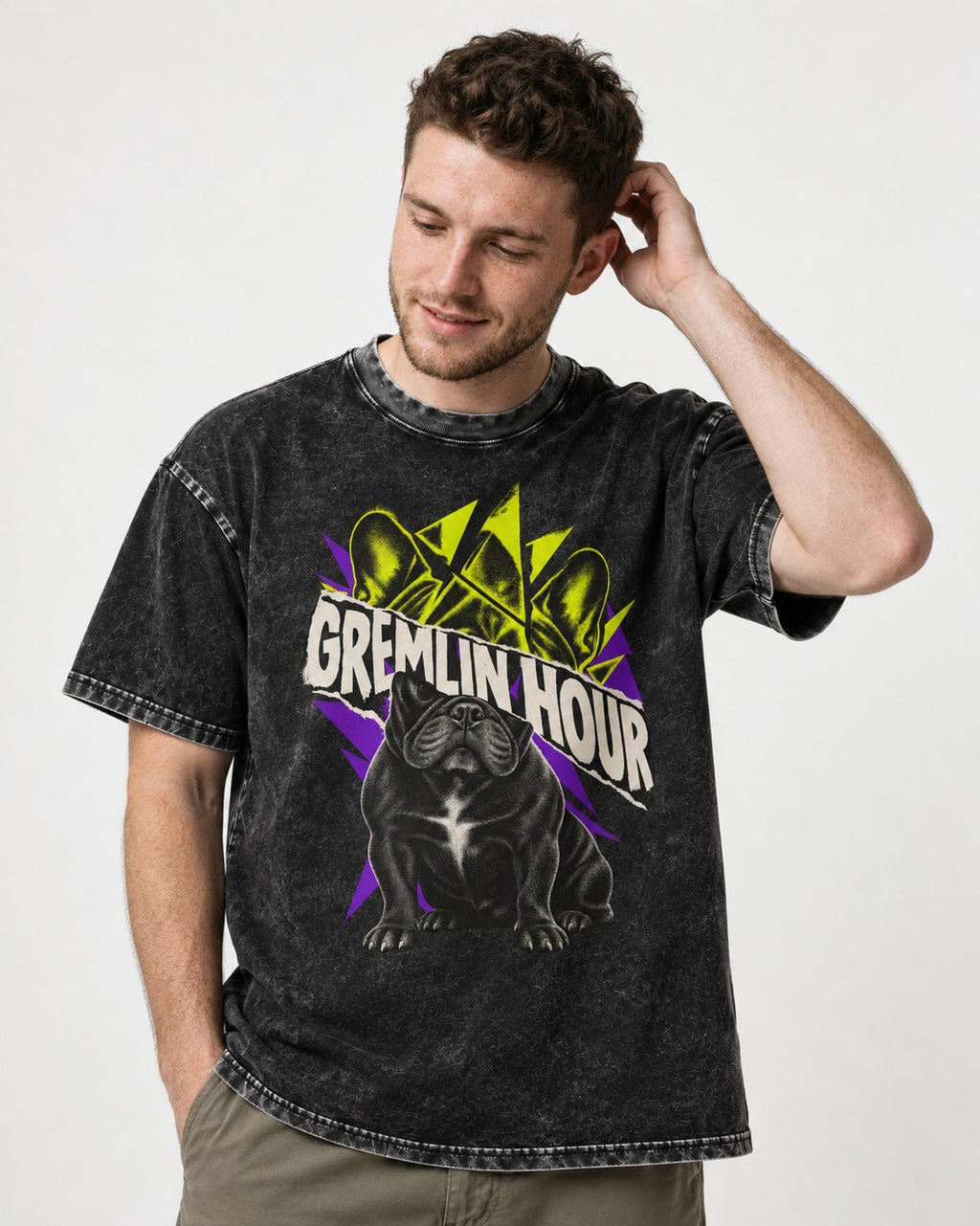 Frenchie Gremlin Hour Fracture Portrait Graphic Washed Tee in Black, worn by a model