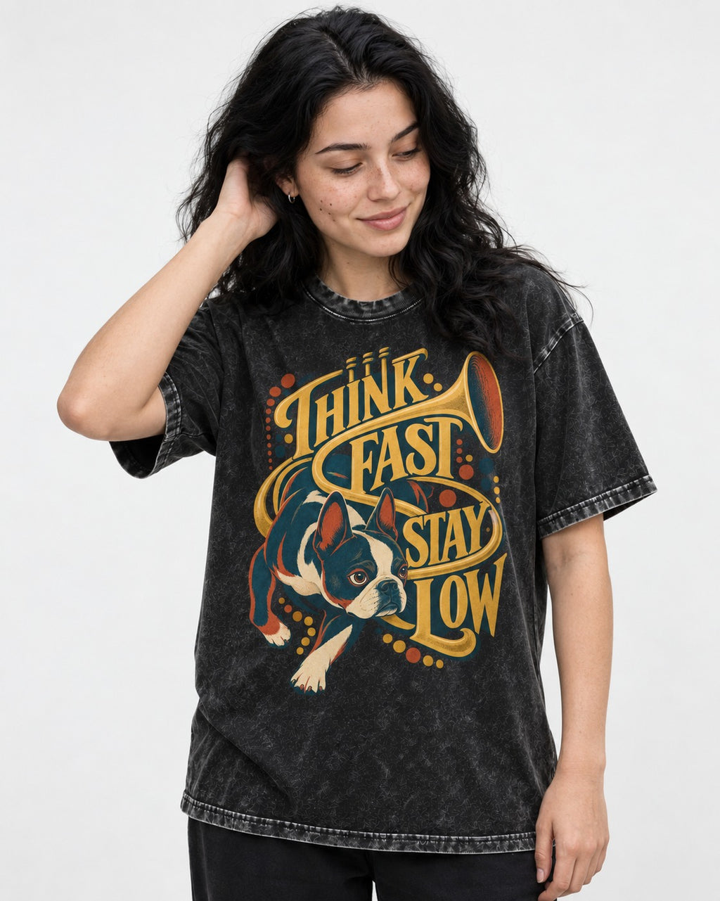 Boston Terrier Think Fast Stay Low Washed Tee in Black, worn by a model