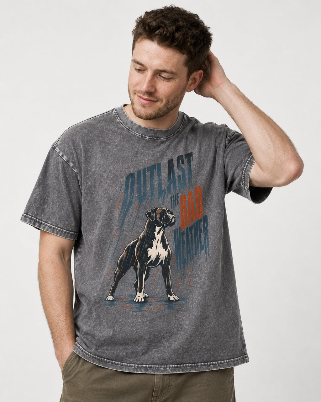 Boxer Outlast the Bad Weather Washed Tee in Gray, worn by a model