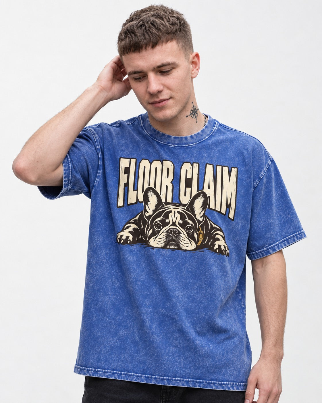 Frenchie Floor Claim Resting Graphic Washed Tee in Royal Blue, worn by a model