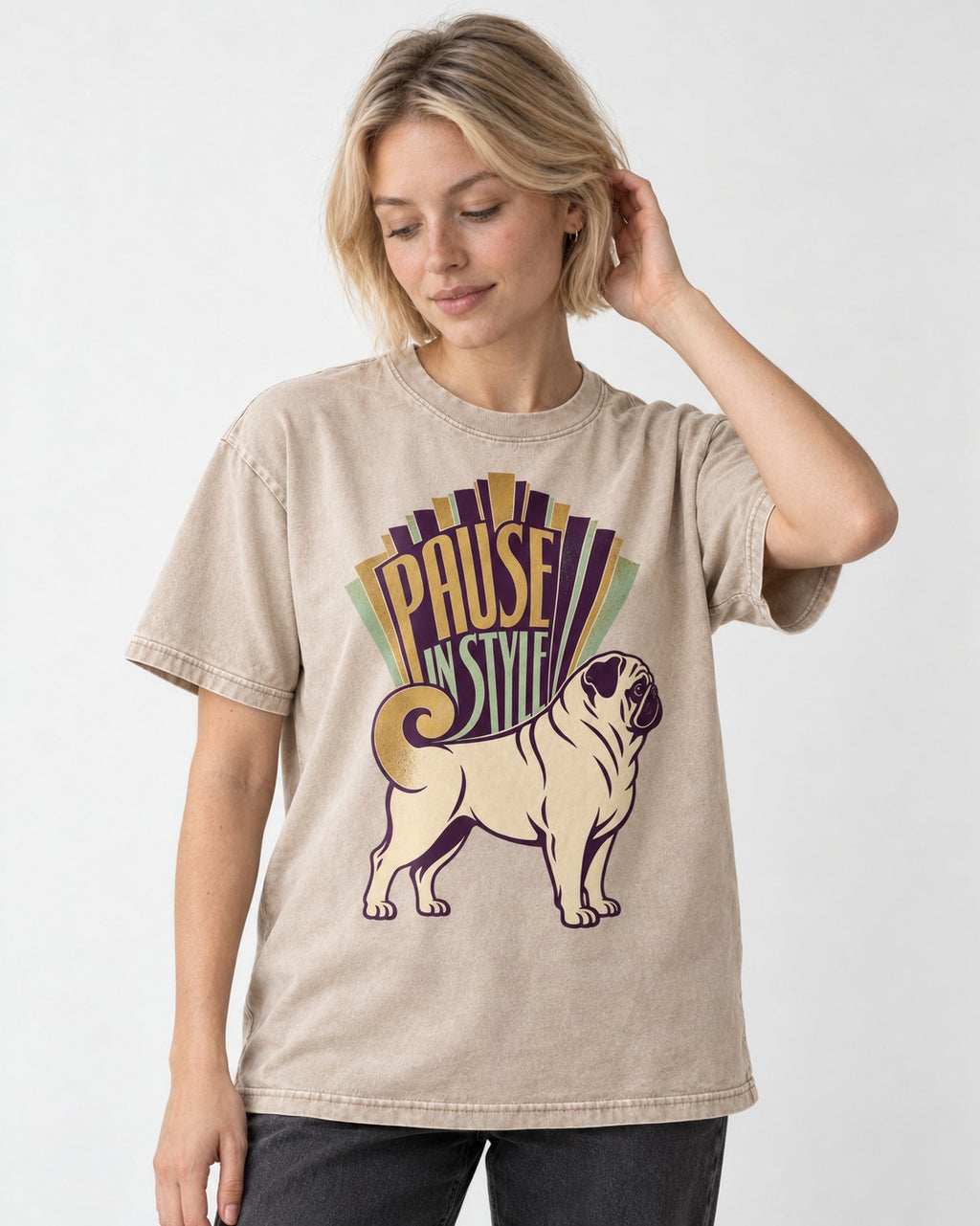 Pug Pause Washed Tee in Apricot, worn by a model