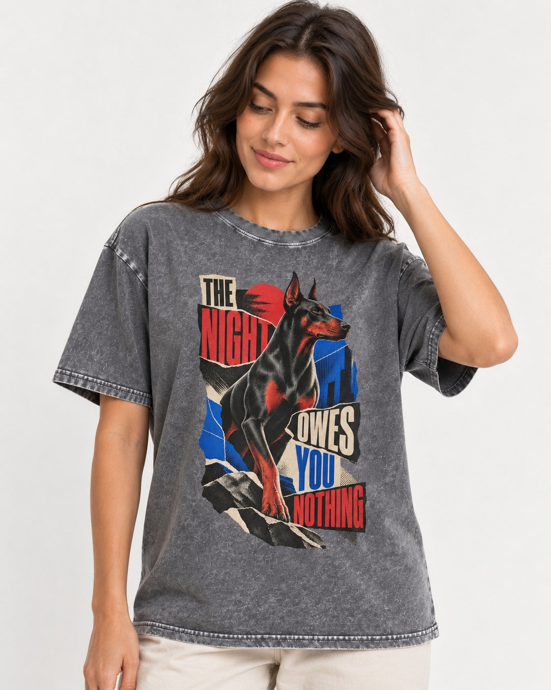 Night Owes You Nothing Doberman Washed Tee in Gray, worn by a model