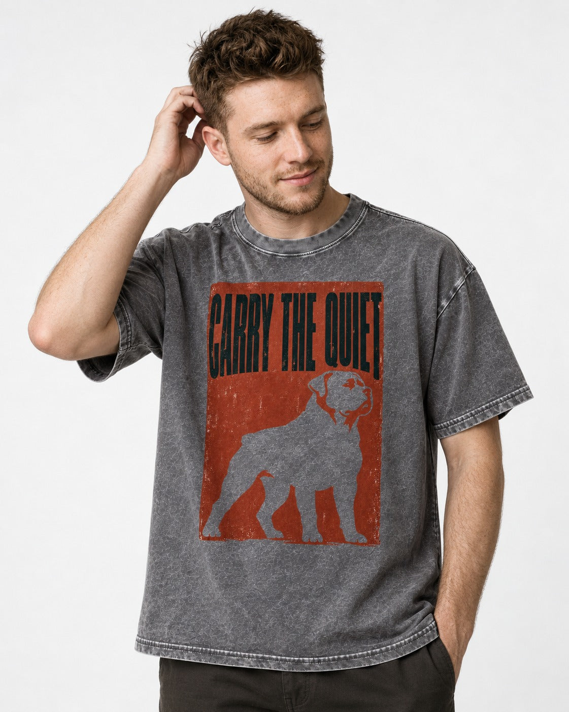 Rottweiler Carry the Quiet Washed Tee in Gray, worn by a model
