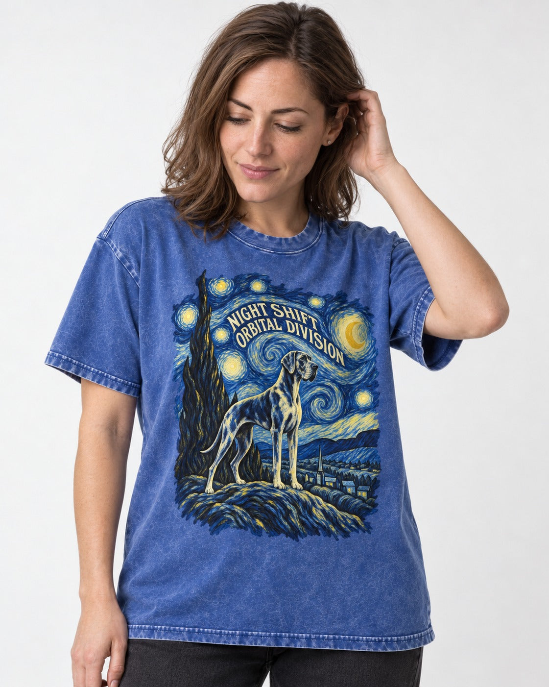 Great Dane Night Shift Orbital Division Starry Sky Graphic Washed Tee in Royal Blue, worn by a model