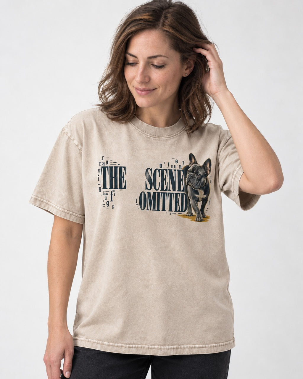 Frenchie The Scene Omitted Typography Graphic Washed Tee in Apricot, worn by a model