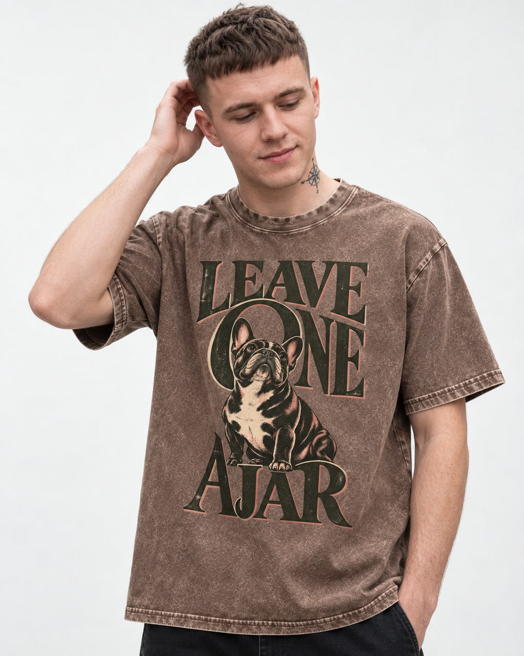Leave One Ajar for Frenchie Washed Tee in Coffee, worn by a model