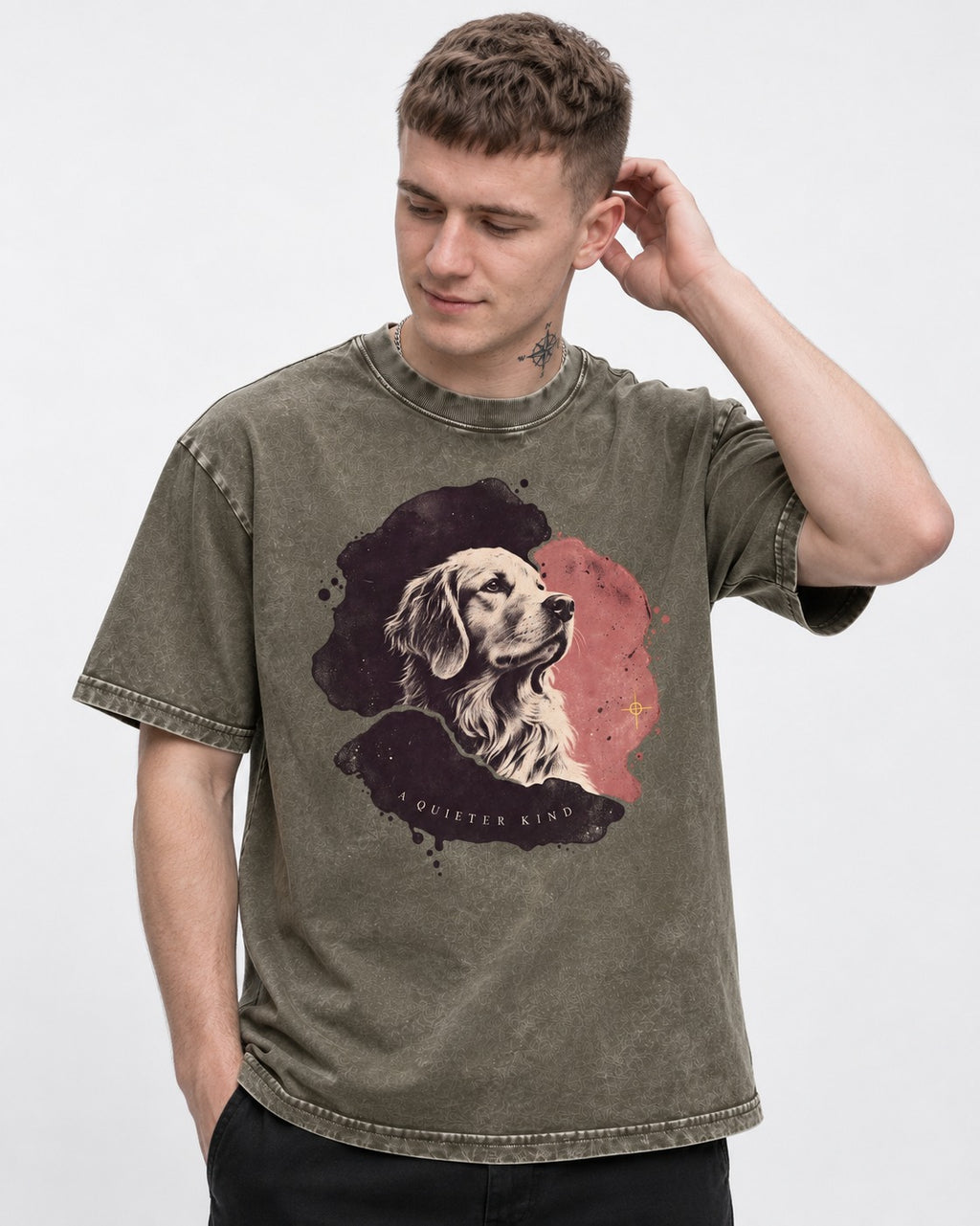 Golden Retriever A Quieter Kind Ink Wash Portrait Graphic Washed Tee in Army Green, worn by a model