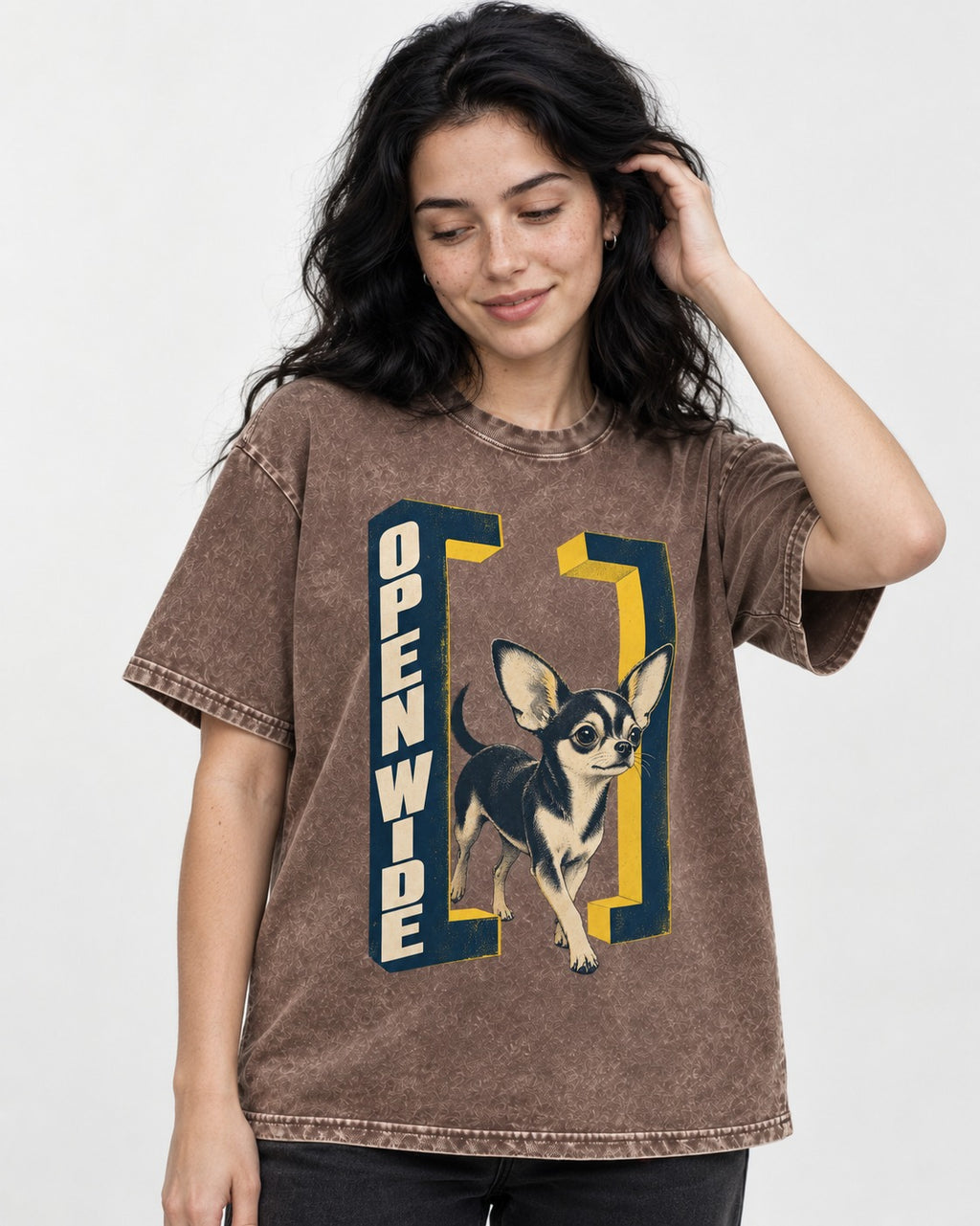 Open Wide Chihuahua Washed Tee in Coffee, worn by a model
