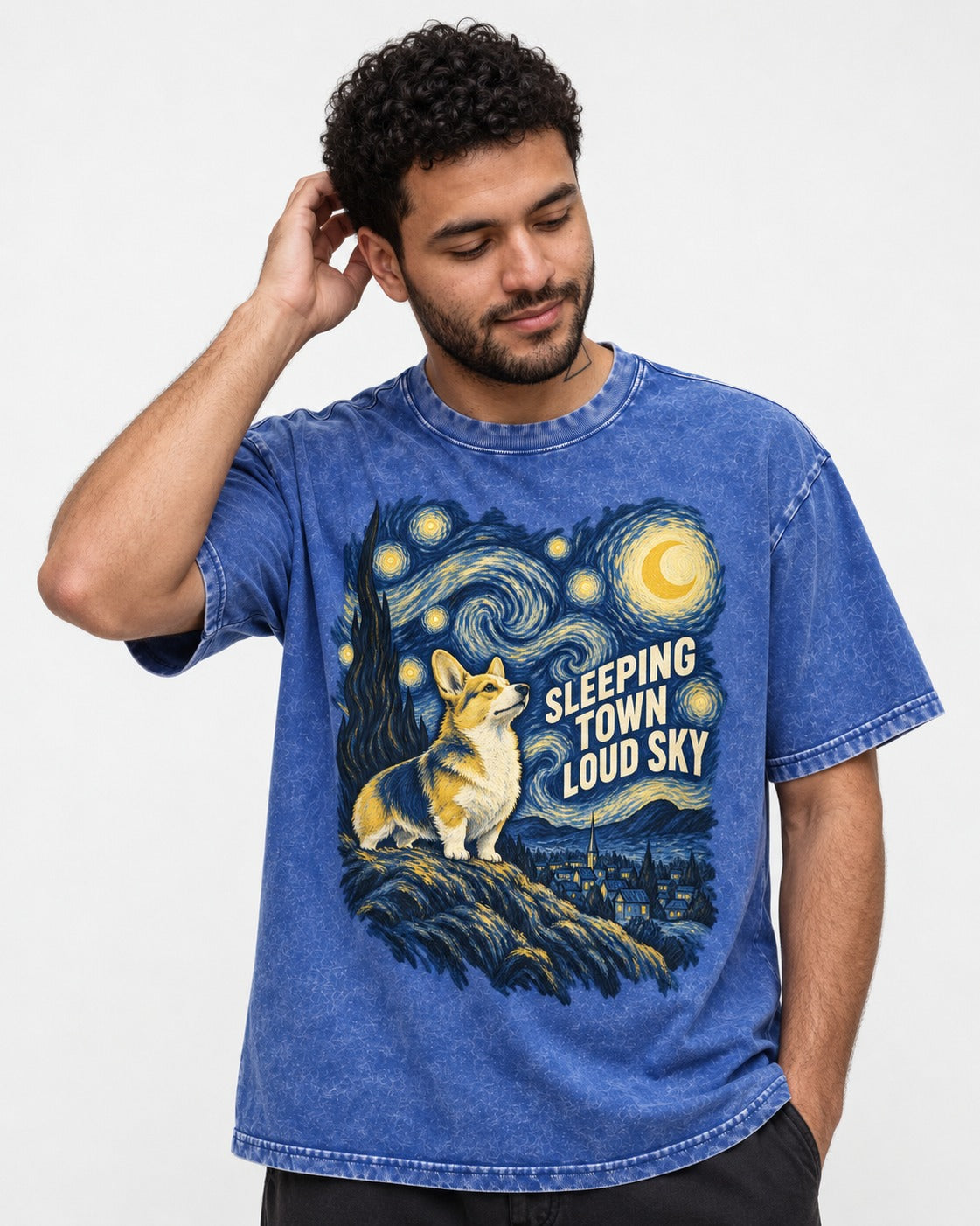 Corgi Sleeping Town Loud Sky Starry Night Washed Tee in Royal Blue, worn by a model