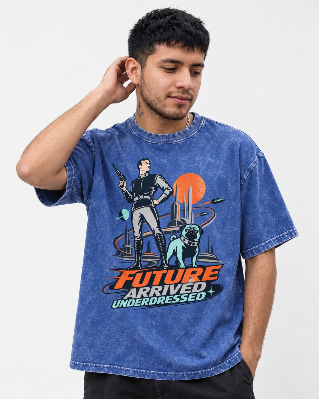 Pug Future Arrived Underdressed Space Hero Graphic Washed Tee in Royal Blue, worn by a model