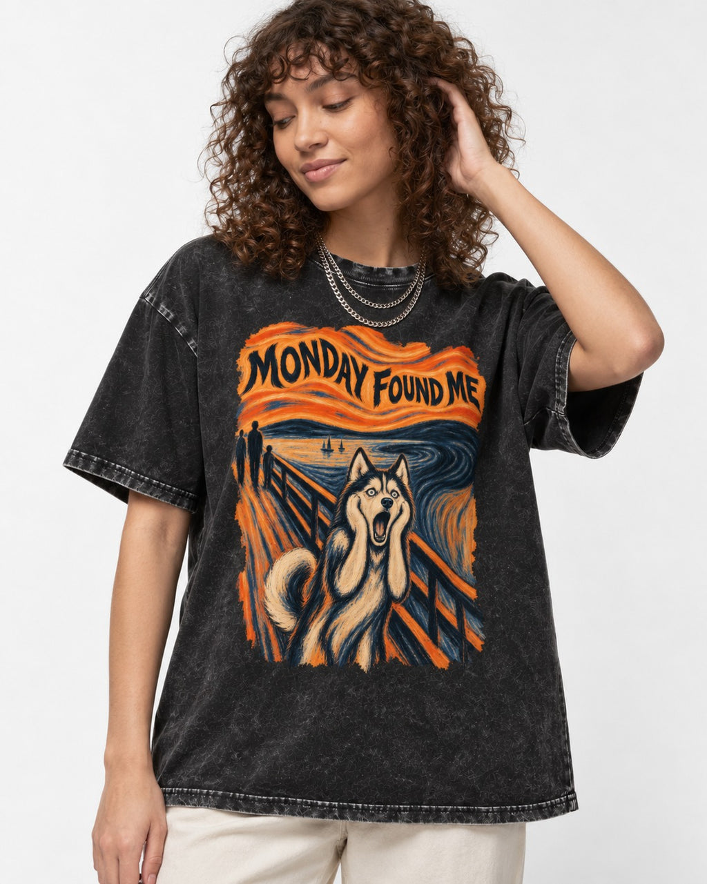 Husky Monday Found Me Scream Parody Graphic Washed Tee in Black, worn by a model