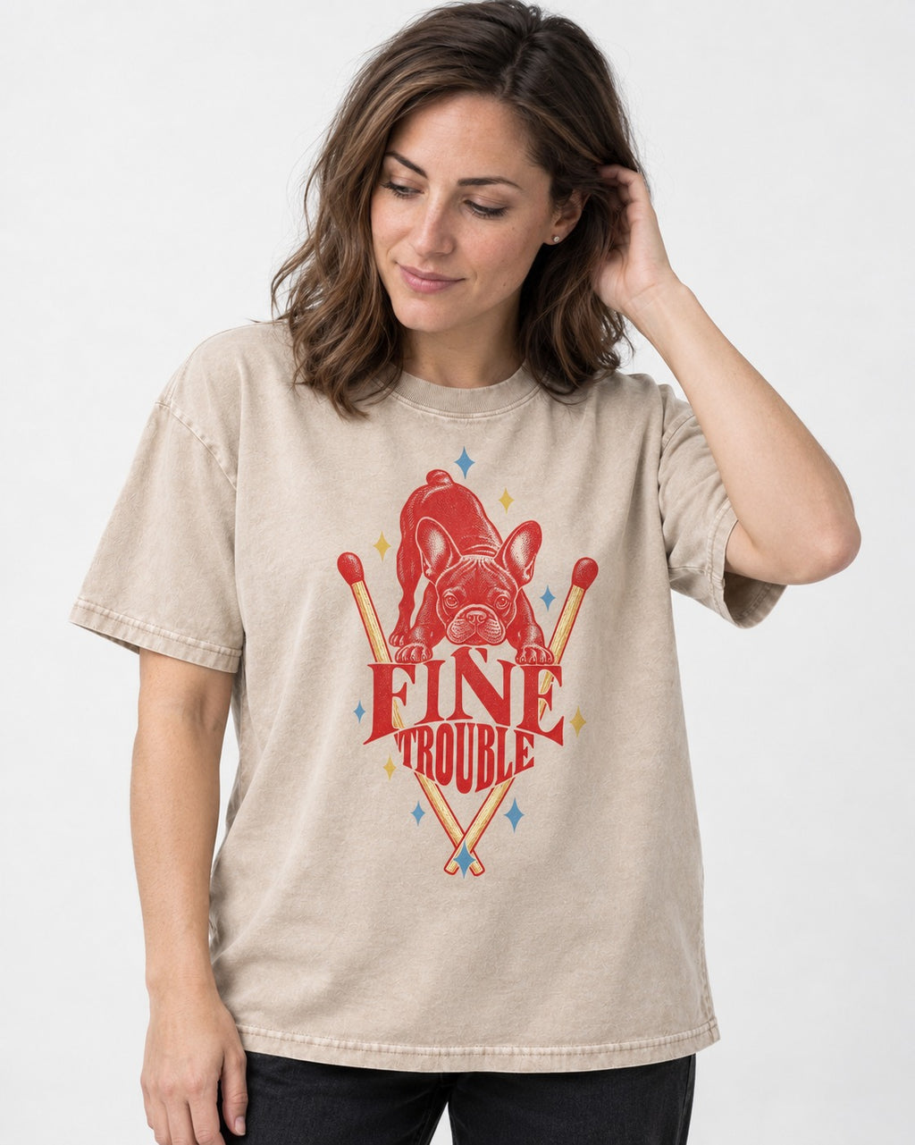 Fine Trouble Boston Terrier Matchstick Graphic Washed Tee in Apricot, worn by a model