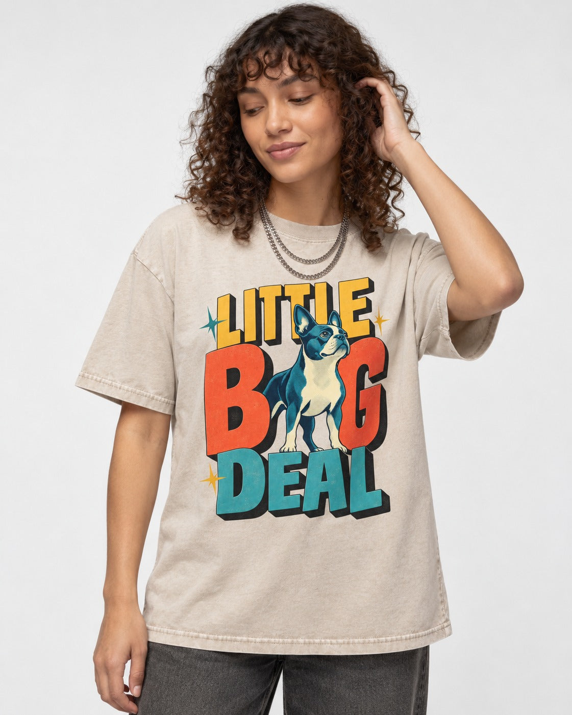 Boston Terrier Little Big Deal Washed Tee in Apricot, worn by a model