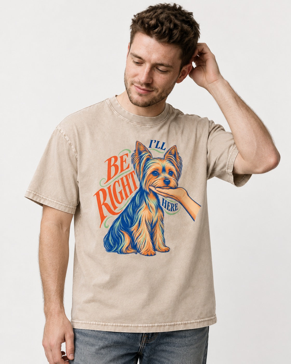 Yorkshire Terrier I'll Be Right Here Washed Tee in Apricot, worn by a model