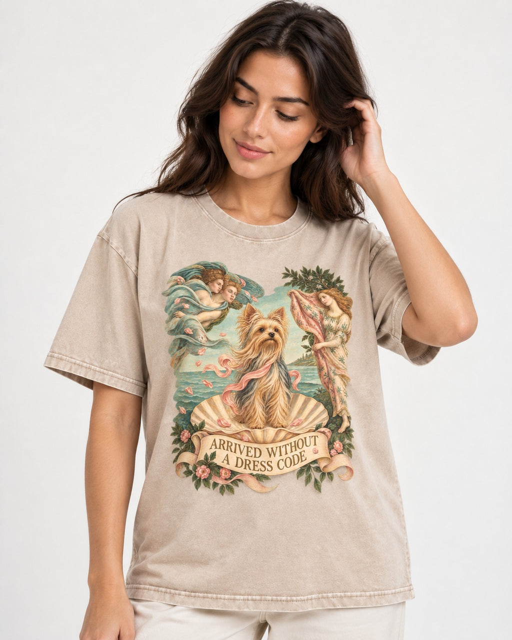 Yorkshire Terrier Arrived Without a Dress Code Venus Graphic Washed Tee in Apricot, worn by a model
