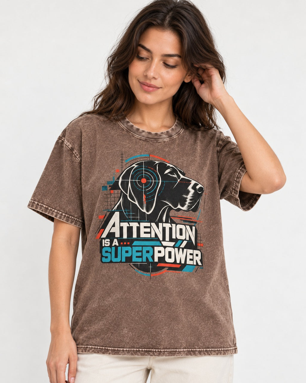 German Shorthaired Pointer Attention Is a Superpower Washed Tee in Coffee, worn by a model