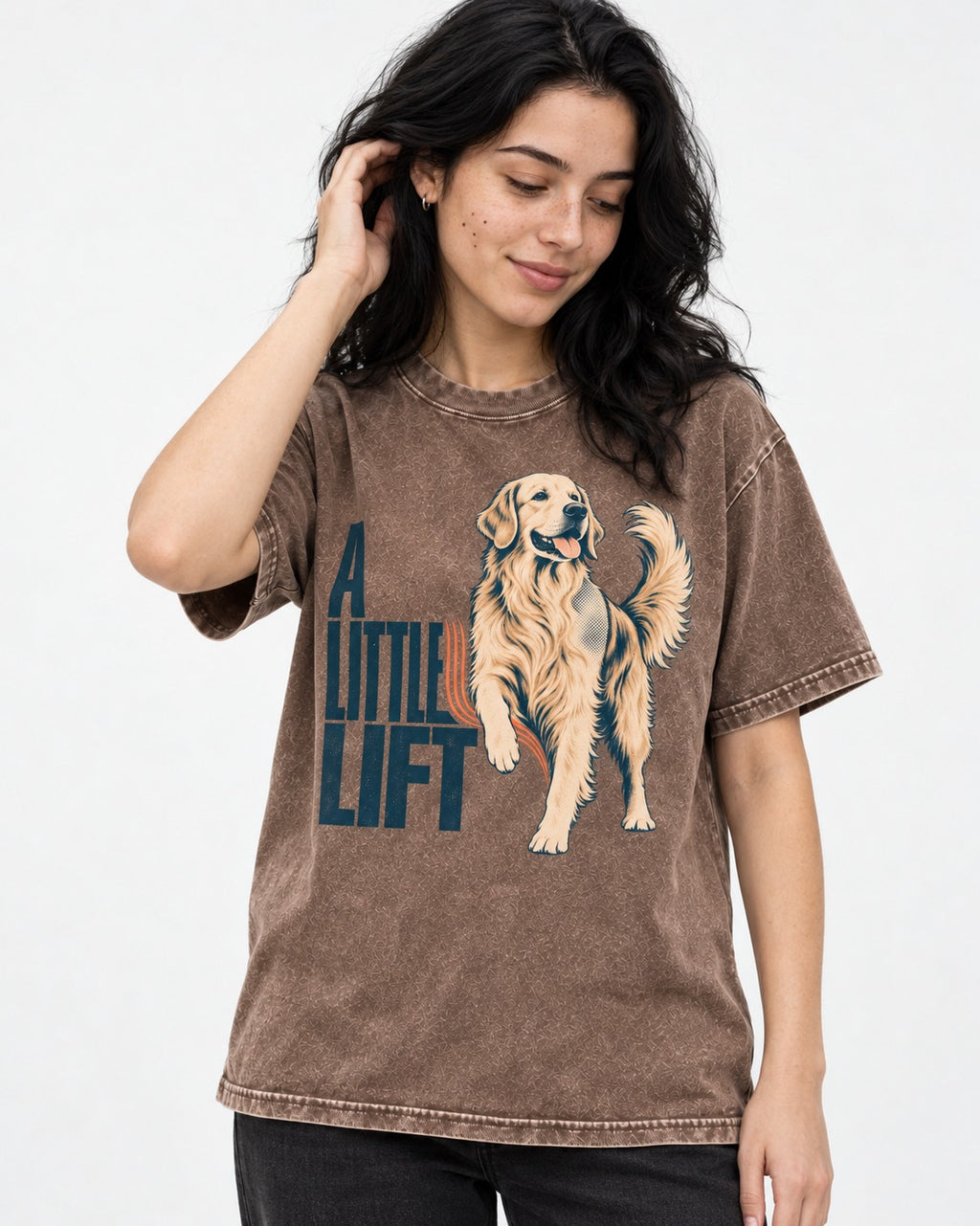 A Little Lift Golden Retriever Washed Tee in Coffee, worn by a model