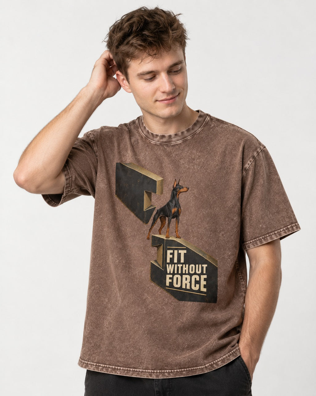 Doberman Fit Without Force Washed Tee in Coffee, worn by a model