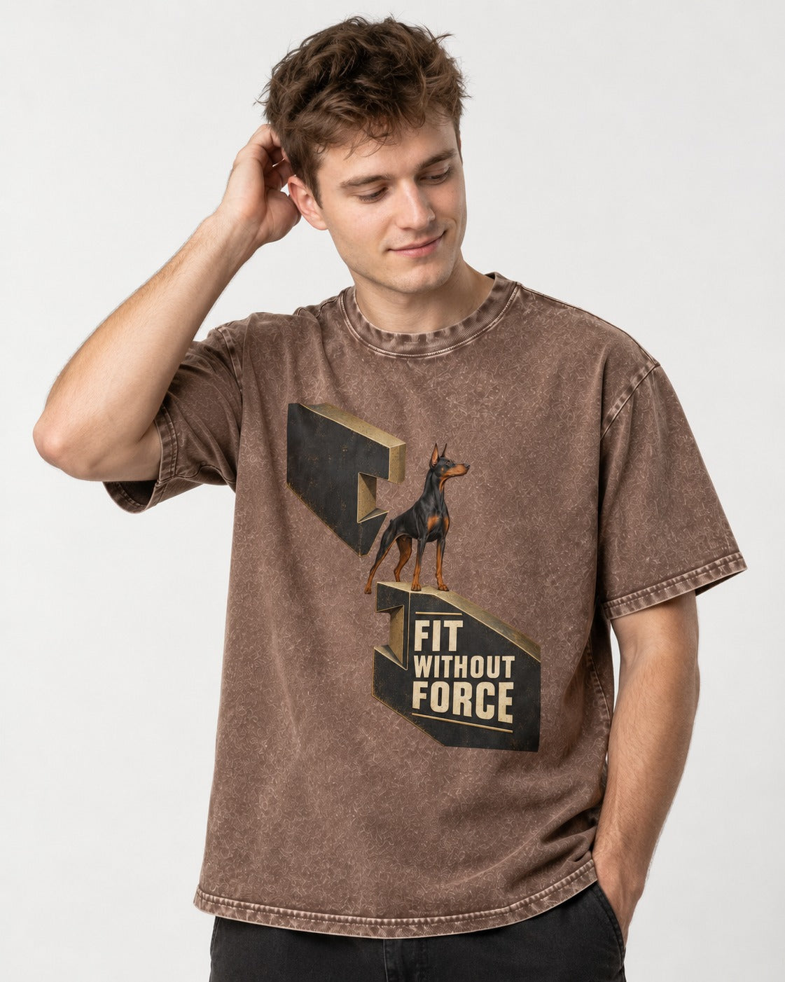 Doberman Fit Without Force Washed Tee in Coffee, worn by a model