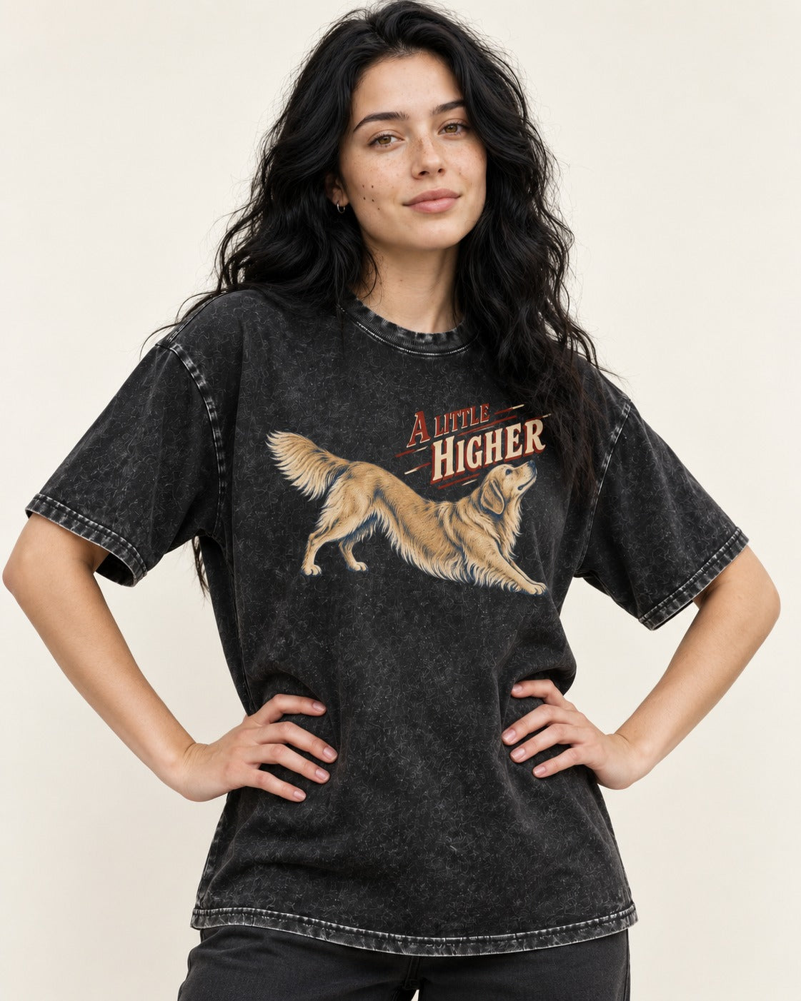Golden Retriever A Little Higher Play Bow Graphic Washed Tee in Black, worn by a model
