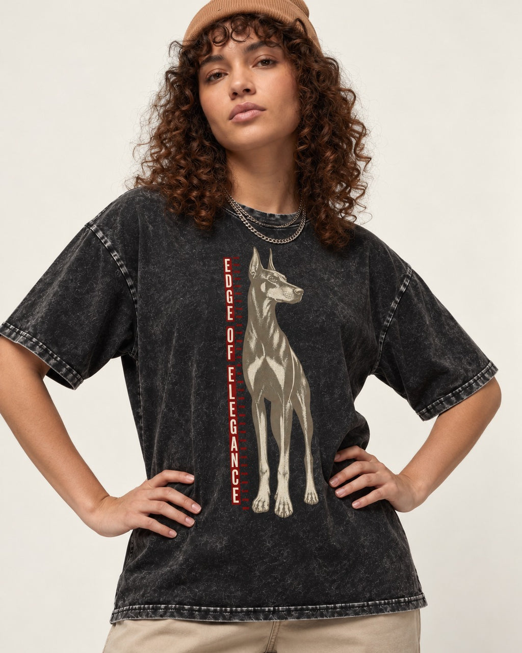 Doberman Edge of Elegance Height Chart Graphic Washed Tee in Black, worn by a model