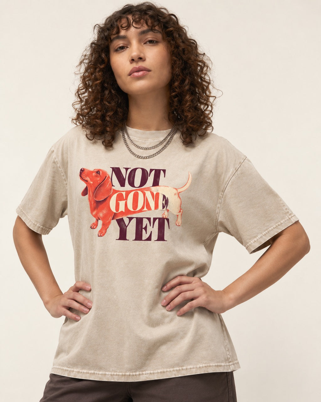 Dachshund Not Gone Yet Washed Tee in Apricot, worn by a model