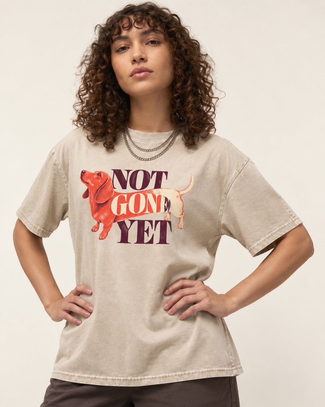Dachshund Not Gone Yet Washed Tee in Apricot, worn by a model