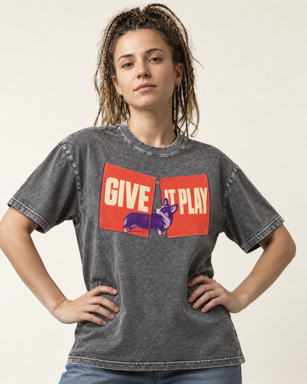 Corgi Give It Play Folding Panels Washed Tee in Gray, worn by a model