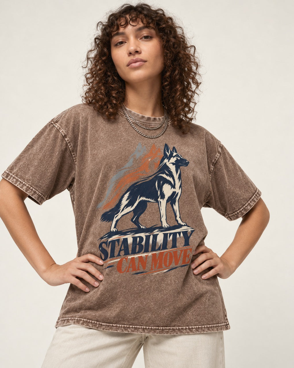 Stability Can Move German Shepherd Dog Washed Tee in Coffee, worn by a model