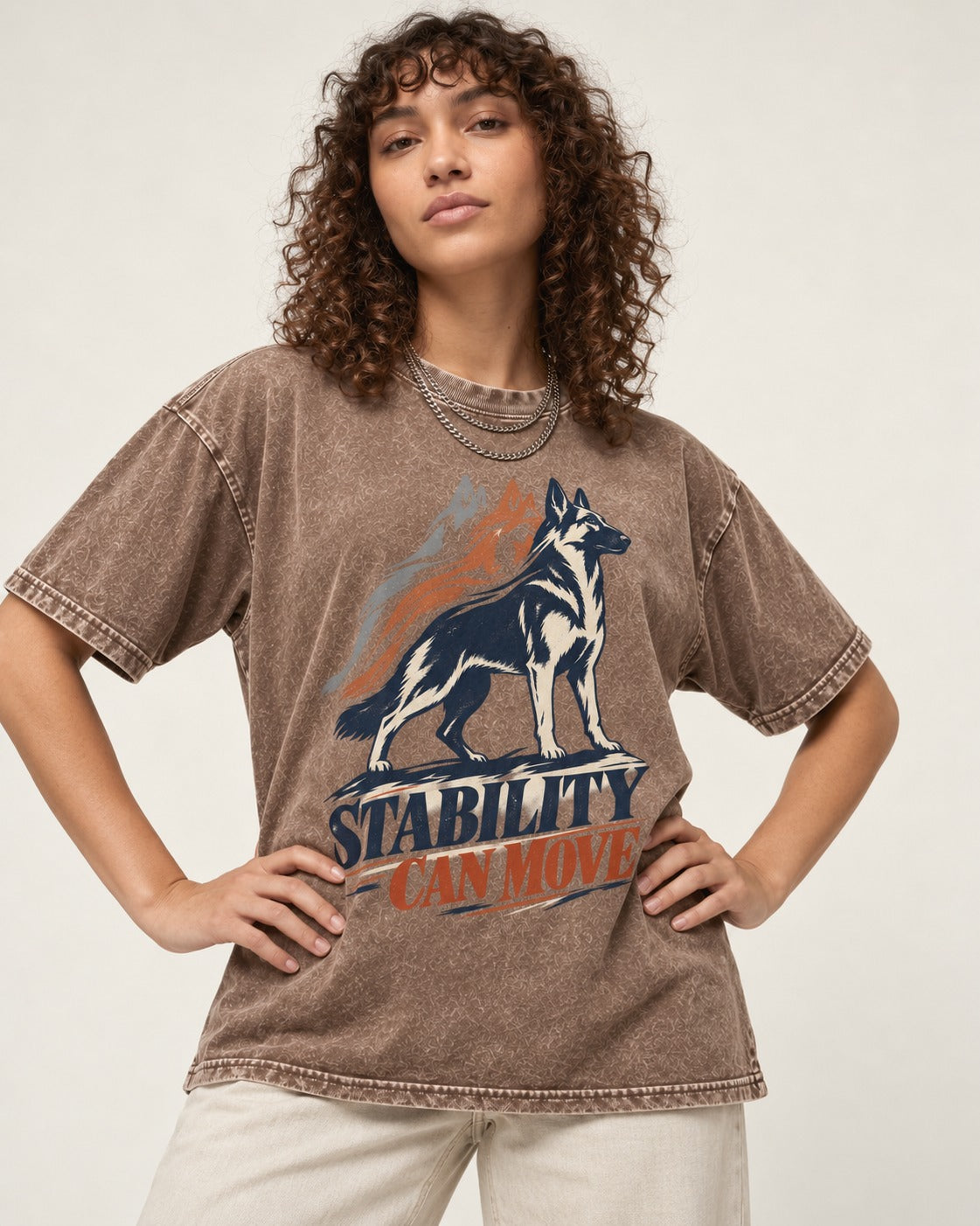 Stability Can Move German Shepherd Dog Washed Tee in Coffee, worn by a model