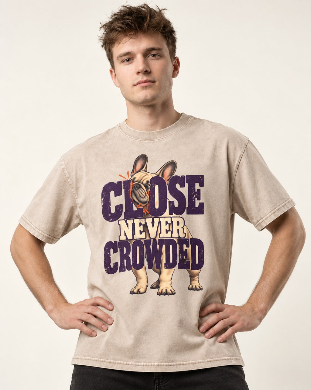 Frenchie Close Never Crowded Peekaboo Type Graphic Washed Tee in Apricot, worn by a model