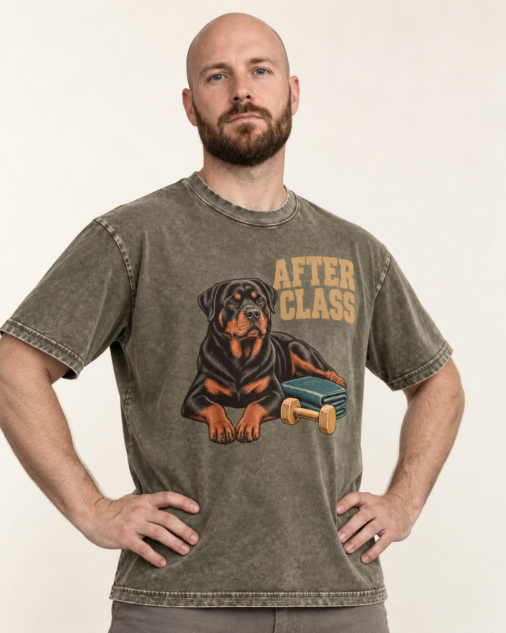 Rottweiler After Class Books and Dumbbell Graphic Washed Tee in Army Green, worn by a model