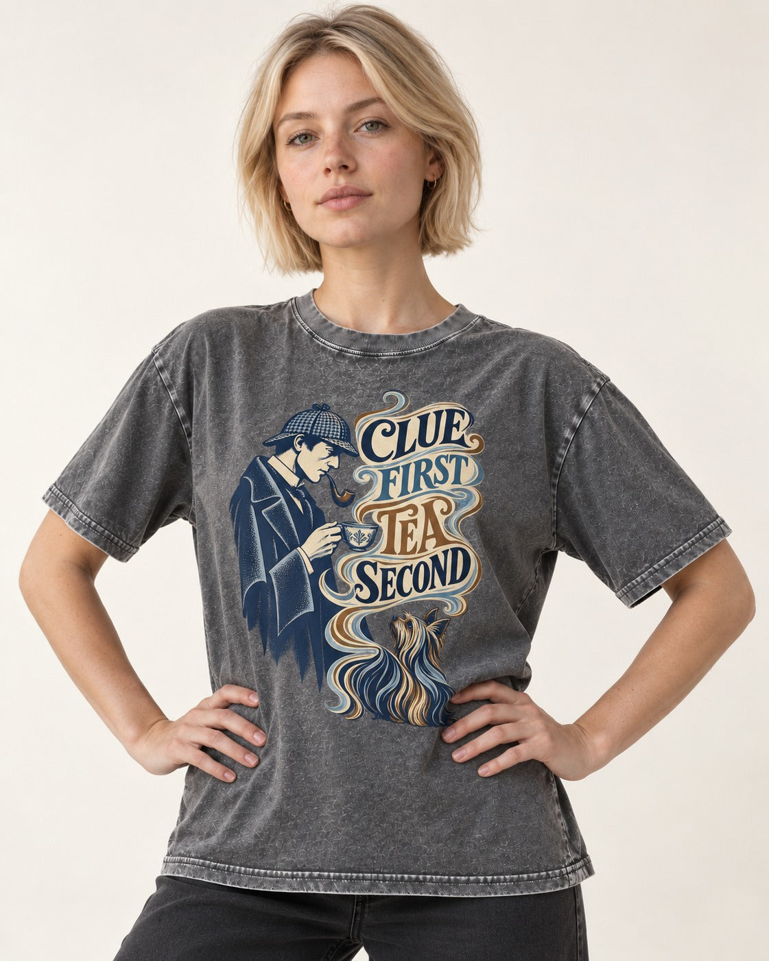 Yorkshire Terrier Clue First Tea Second Detective Graphic Washed Tee in Gray, worn by a model