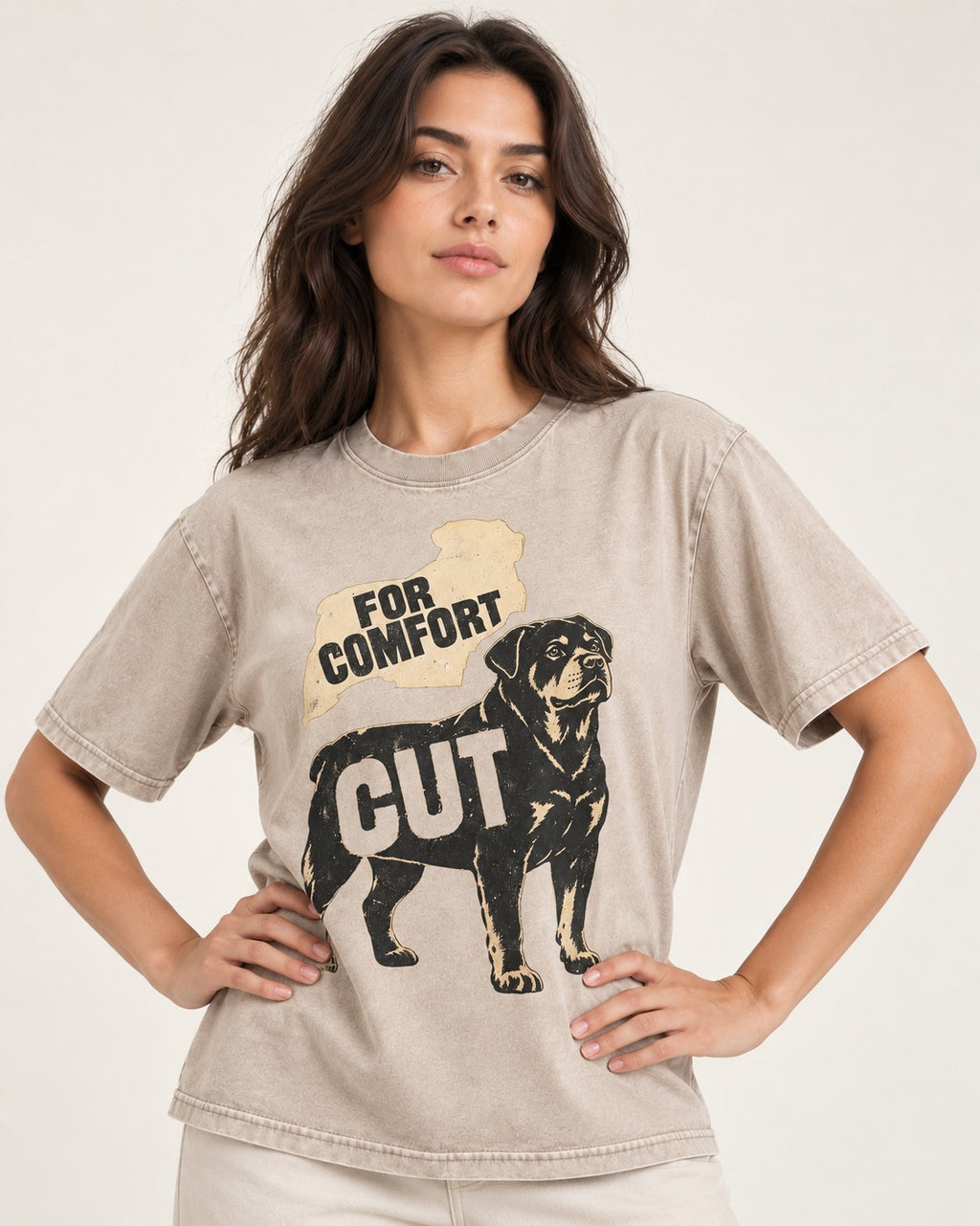 Rottweiler Cut for Comfort Washed Tee in Apricot, worn by a model