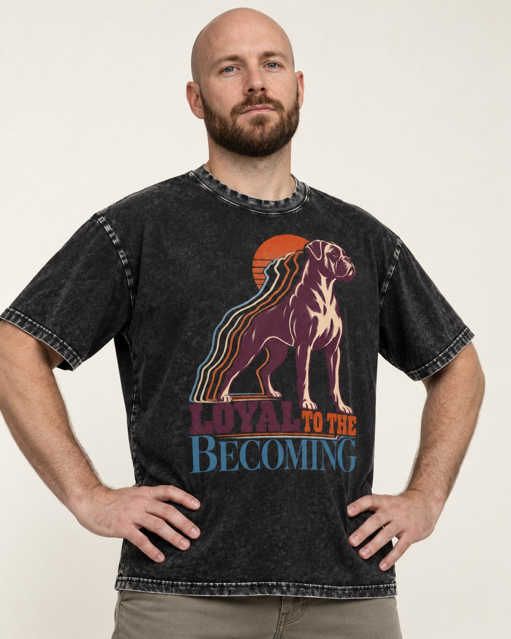 Boxer Loyal to the Becoming Washed Tee in Black, worn by a model