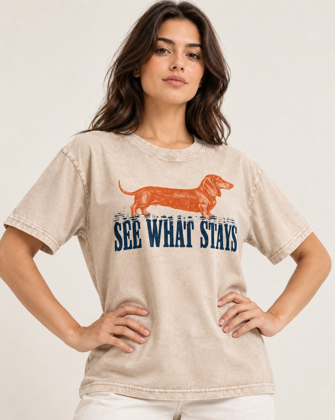 Dachshund See What Stays Washed Tee in Apricot, worn by a model