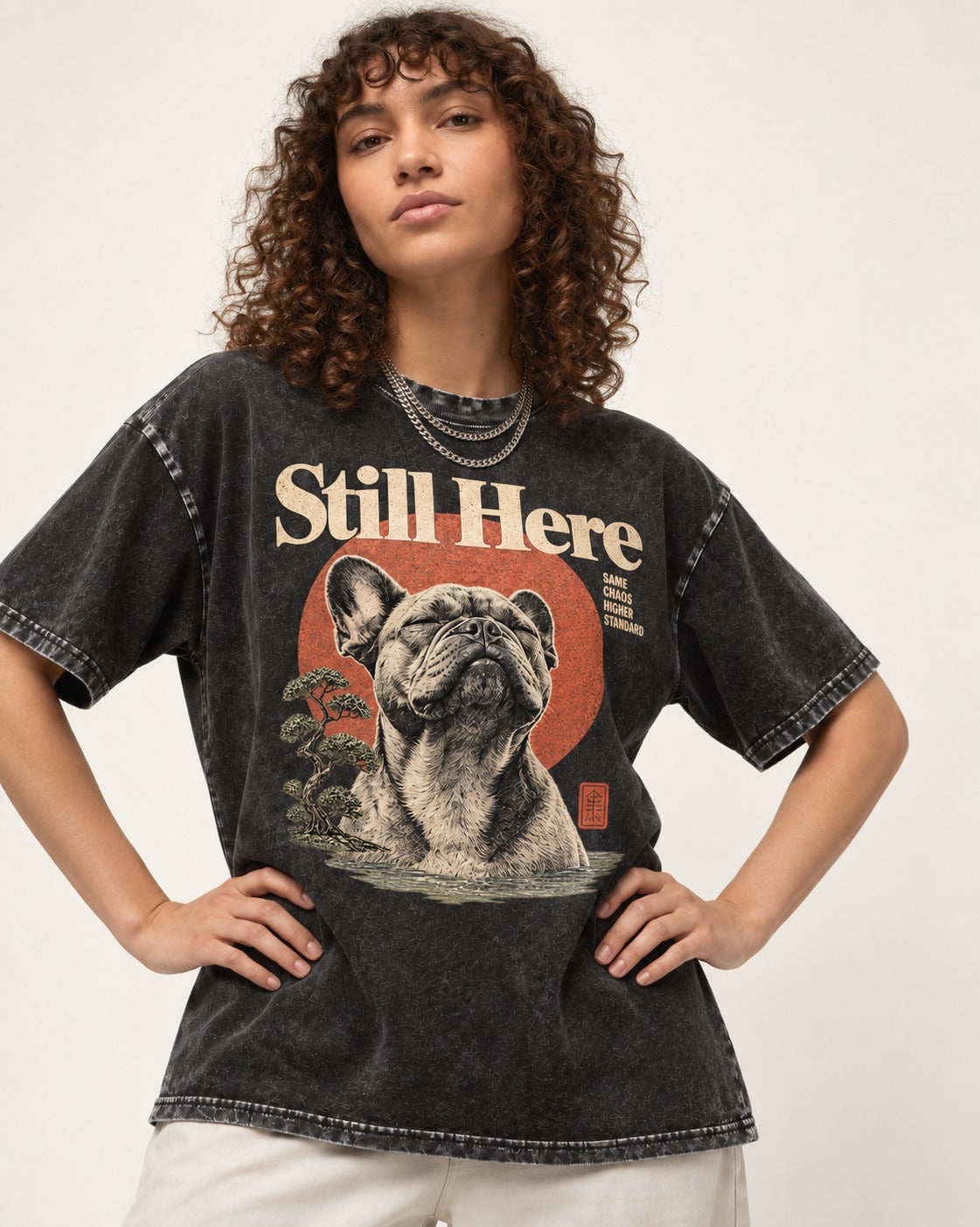 Frenchie Still Here Bonsai Portrait Graphic Washed Tee in Black, worn by a model