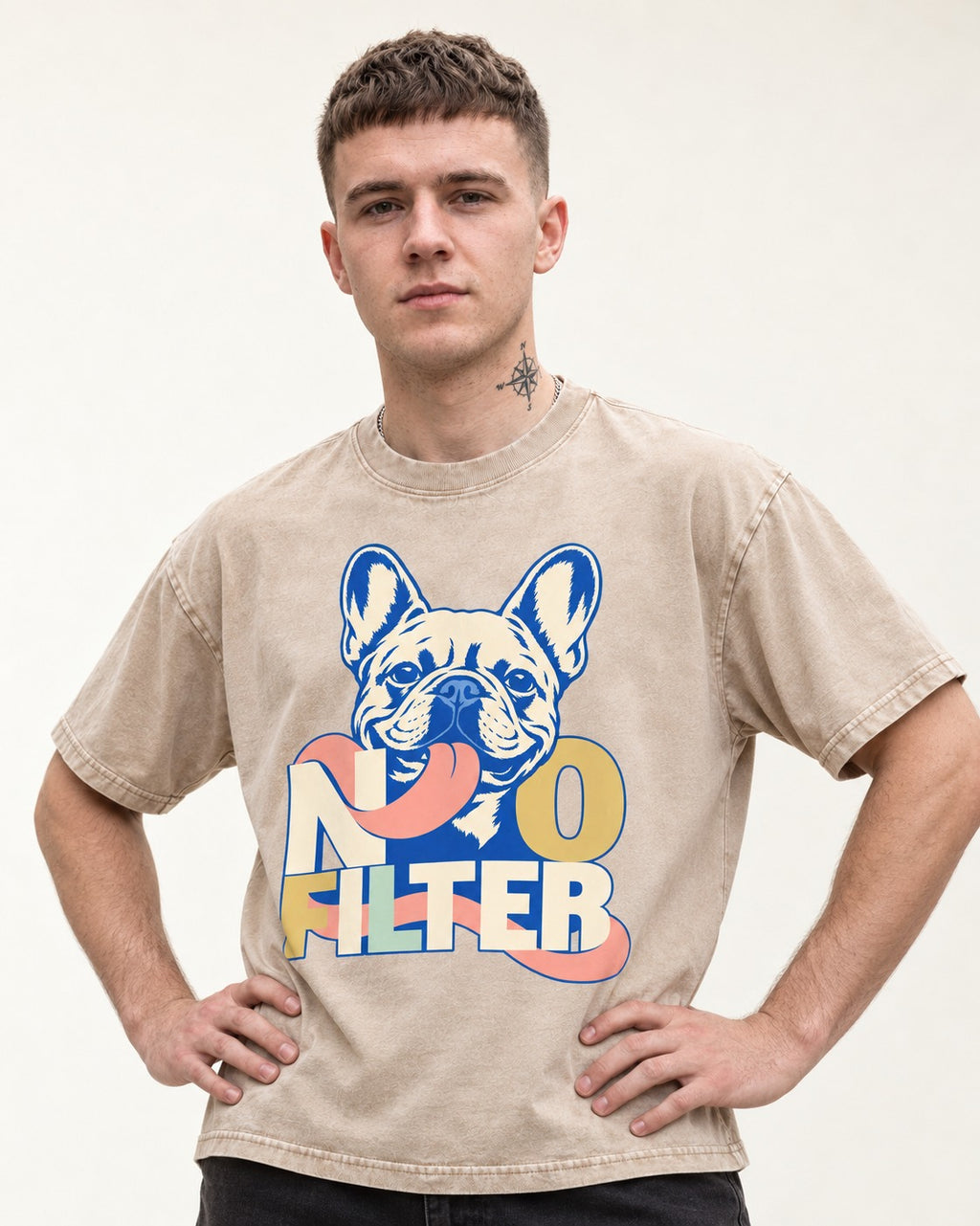 No Filter Frenchie Washed Tee in Apricot, worn by a model