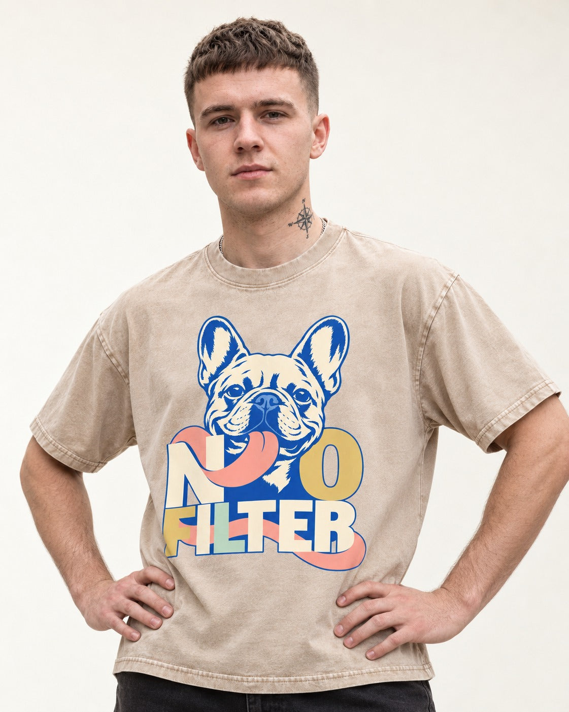 No Filter Frenchie Washed Tee in Apricot, worn by a model