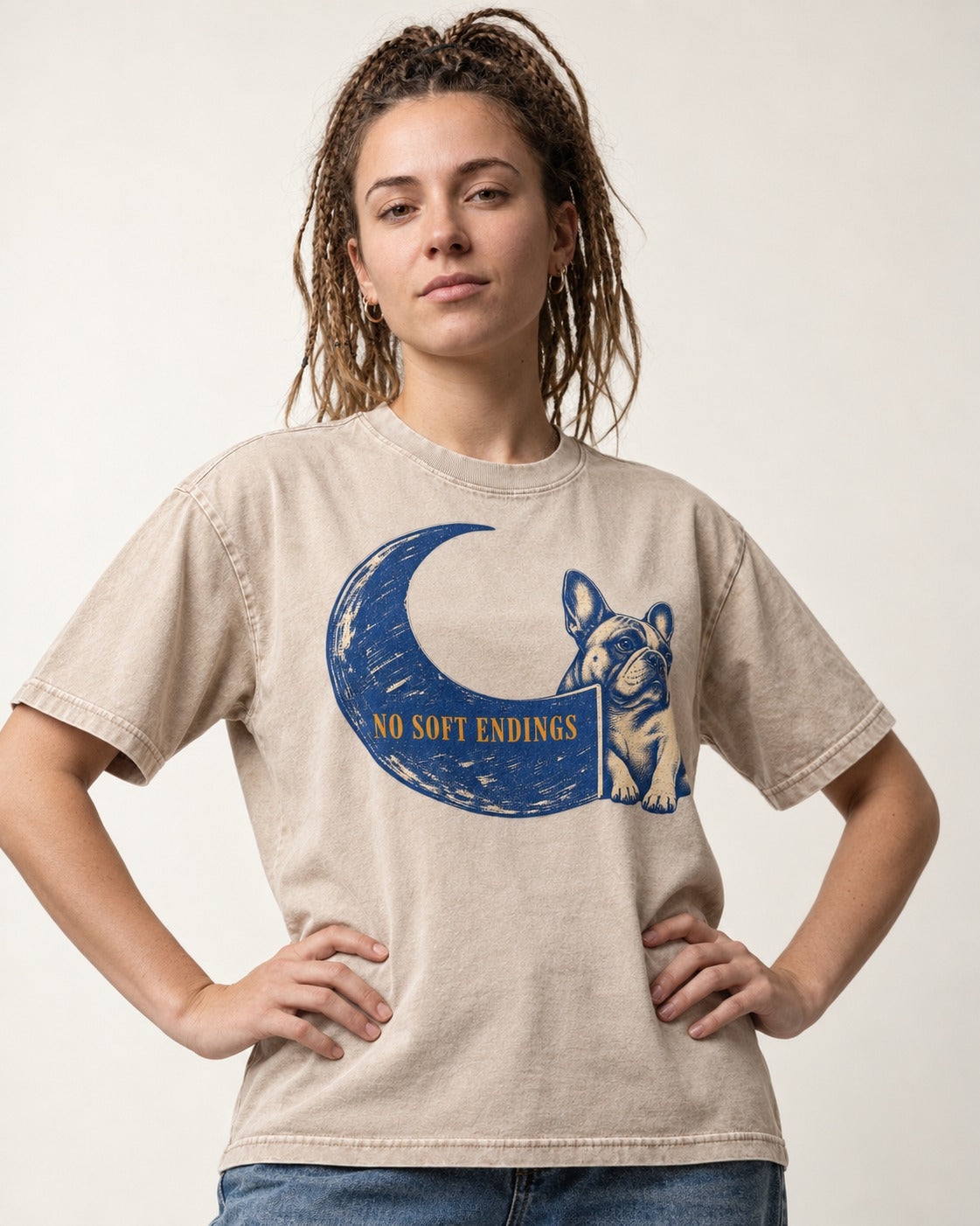 Frenchie No Soft Endings Crescent Graphic Washed Tee in Apricot, worn by a model