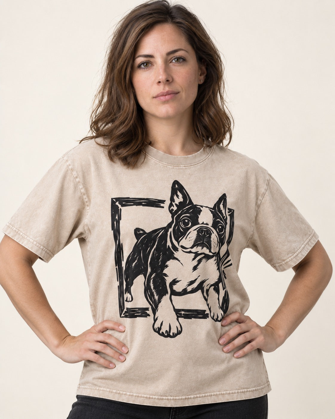 Boston Terrier Unstoppable Washed Tee in Apricot, worn by a model