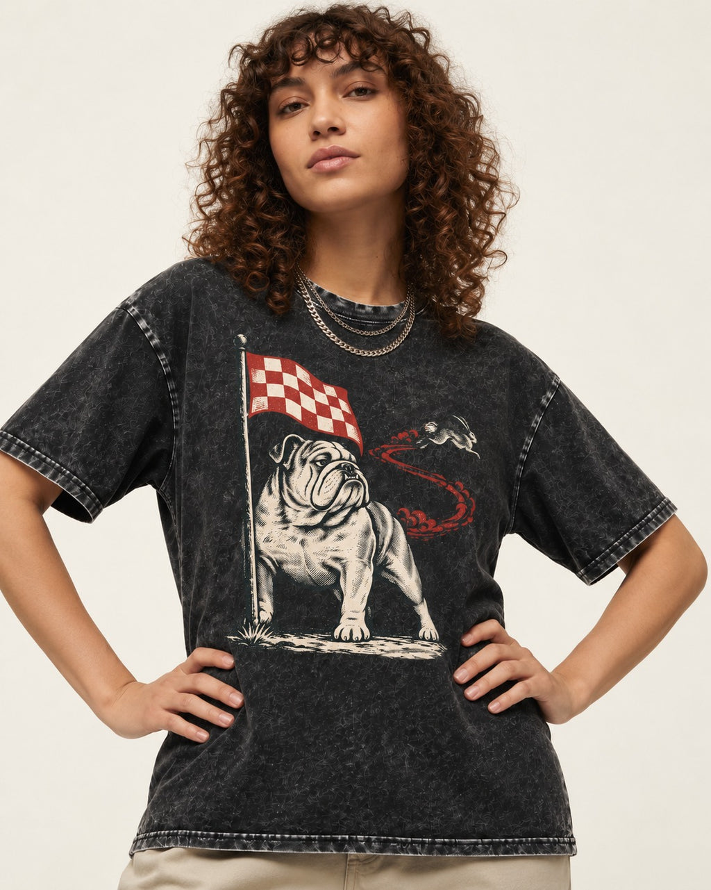English Bulldog Checkered Flag Rabbit Chase Washed Tee in Black, worn by a model