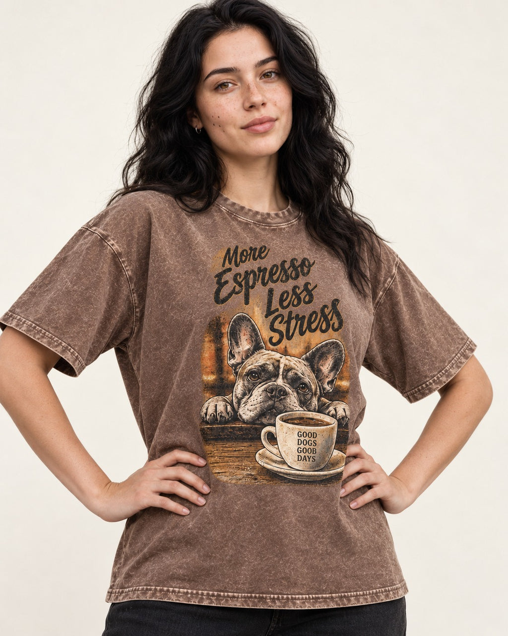 Frenchie More Espresso Less Stress Washed Tee in Coffee, worn by a model
