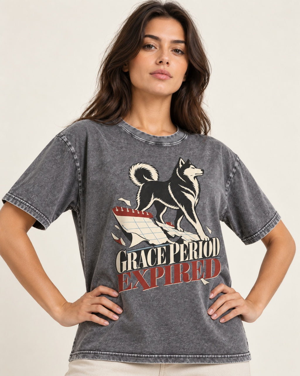 Husky Grace Period Expired Torn Calendar Graphic Washed Tee in Gray, worn by a model