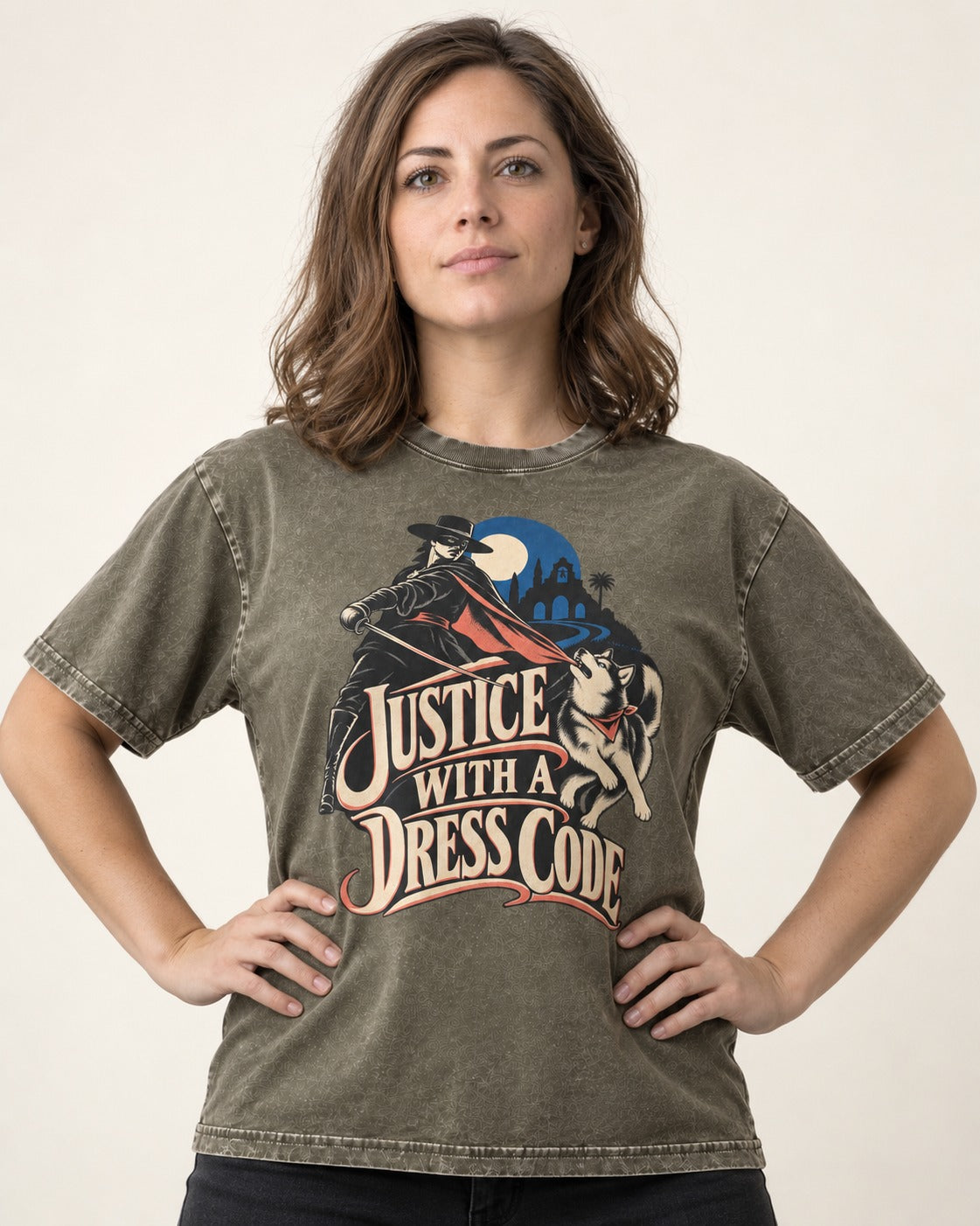 Husky Justice With A Dress Code Masked Swordsman Graphic Washed Tee in Army Green, worn by a model