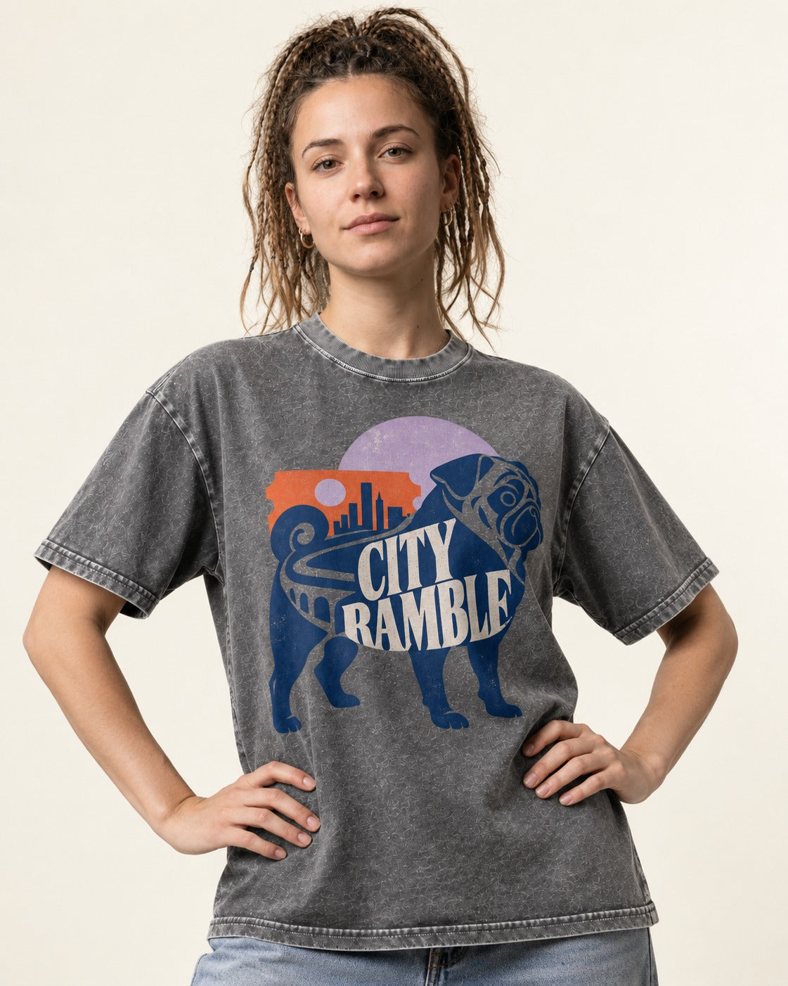 Pug's Big City Ramble Washed Tee in Gray, worn by a model