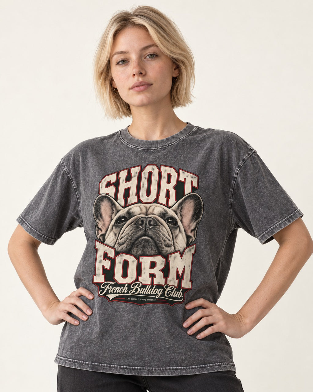 Short Form Frenchie Washed Tee in Gray, worn by a model