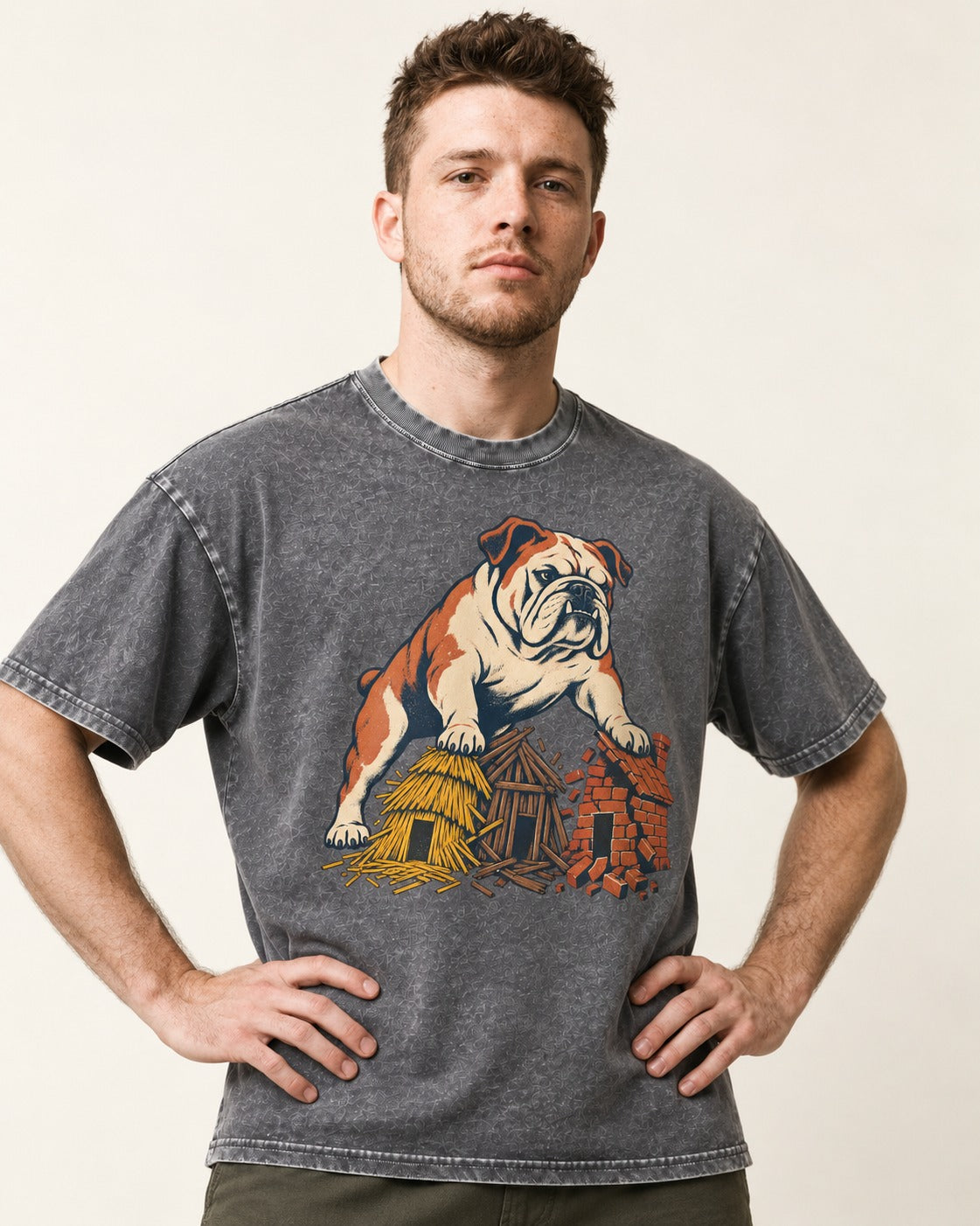 English Bulldog Huff and Puff Washed Tee in Gray, worn by a model