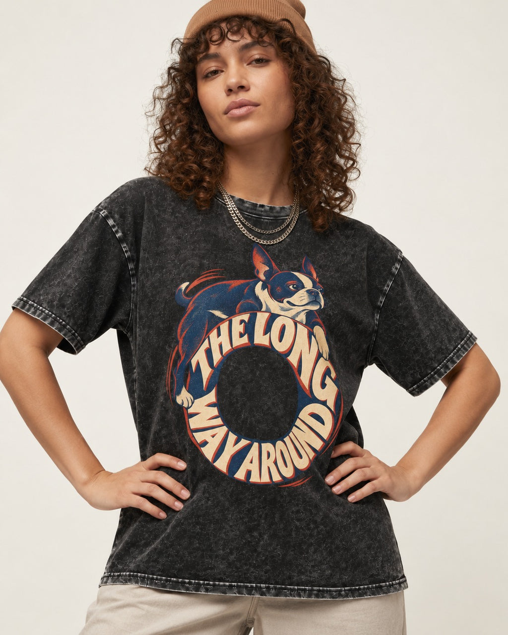 Boston Terrier the Long Way Around Washed Tee in Black, worn by a model