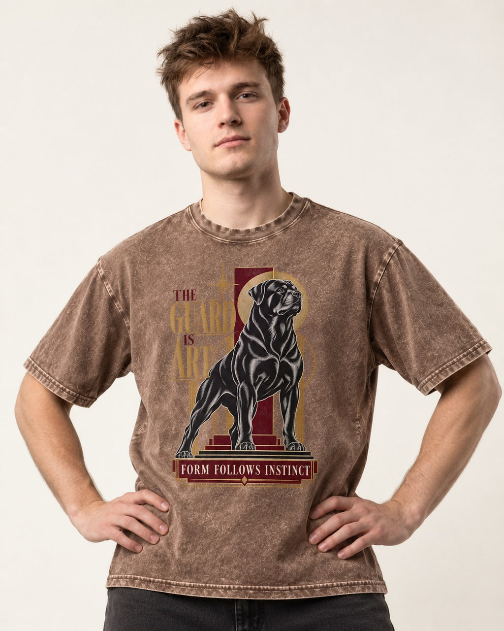 Rottweiler Form Follows Instinct Washed Tee in Coffee, worn by a model